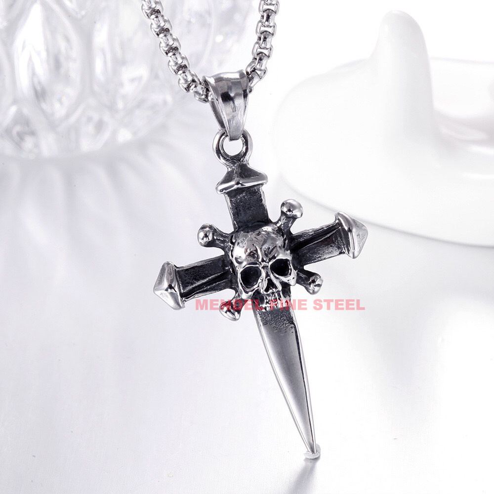 MENDEL Mens Stainless Steel Gothic Biker Skull Cross Pendant Necklace For Men
