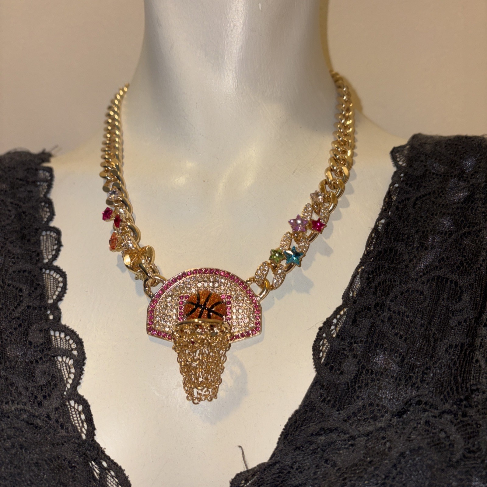 Betsey Johnson Necklace Gold Tone Basketball Hoop Drop With Orange Glitter Balls
