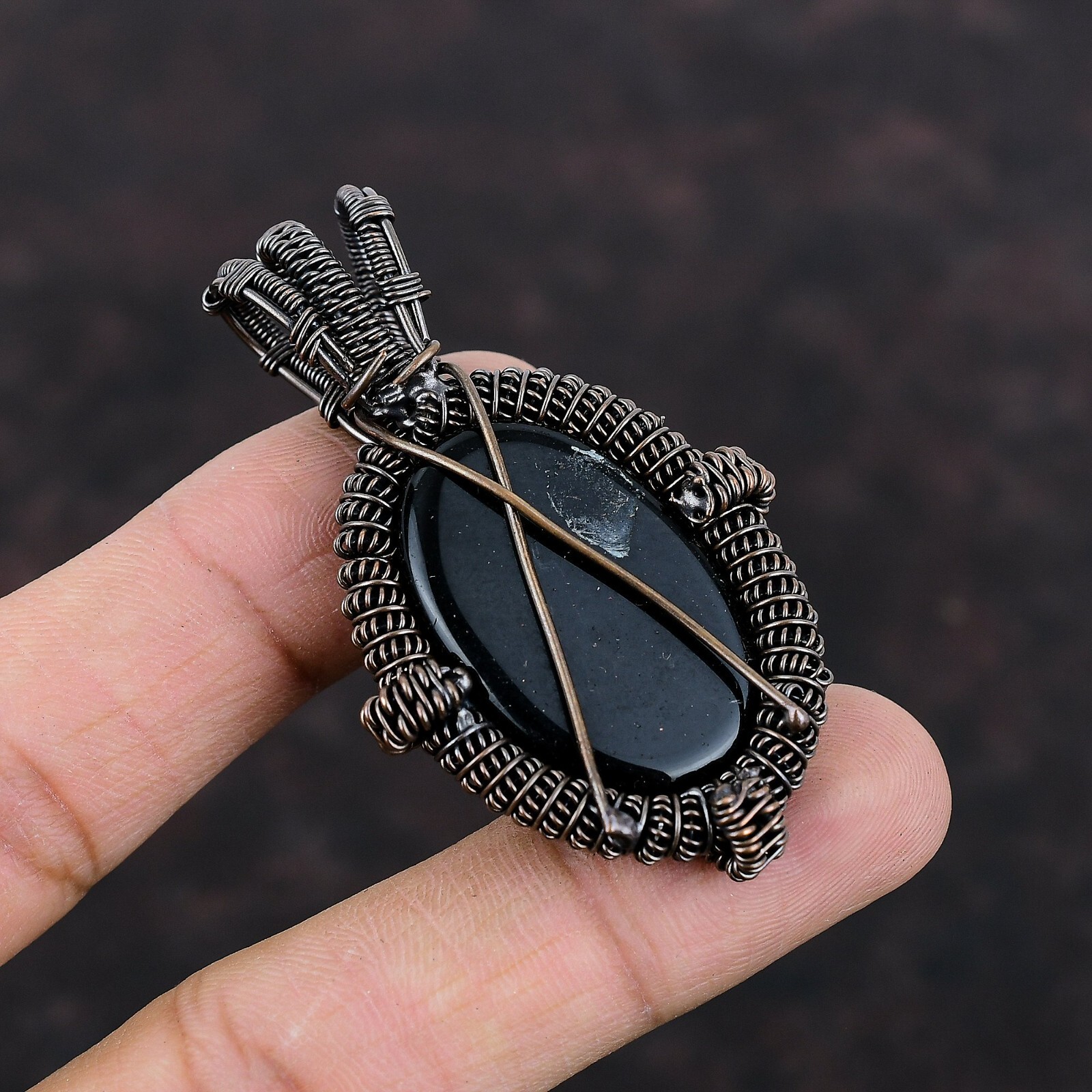 Black Onyx Gemstone Jewelry Copper Gift For Mum Wire Wrapped Pendant 2.44″