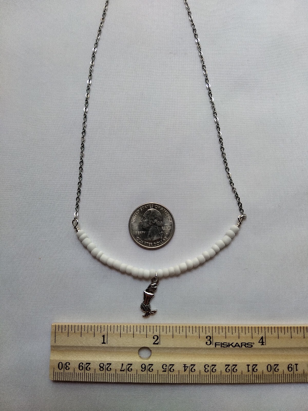 Silver Tone Mermaid Charm White Glass Bead Necklace Handmade Beach Boho Chic