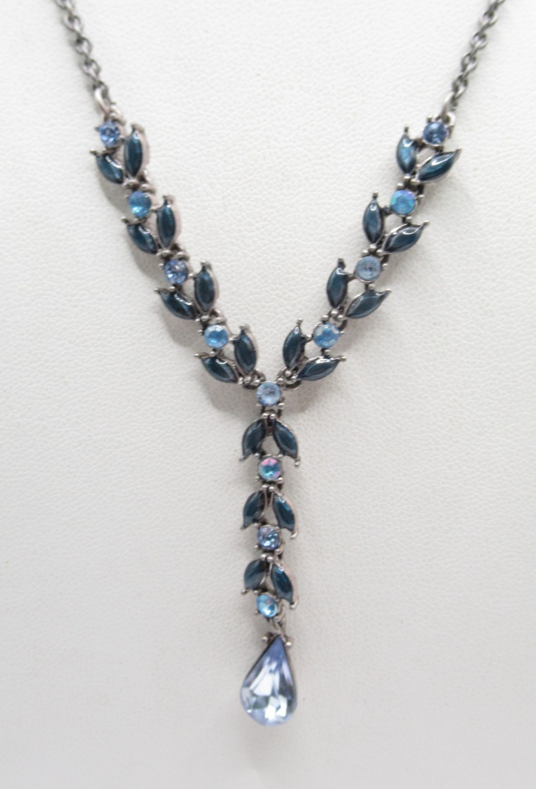 Modern Flower Necklace Blue Rhinestone and Acrylic Sparkly “Y” Shape
