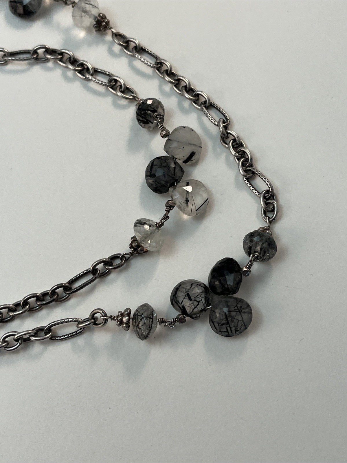 Silver Tone Black/Clear Rutilated Quartz Station Chain Necklace 46″