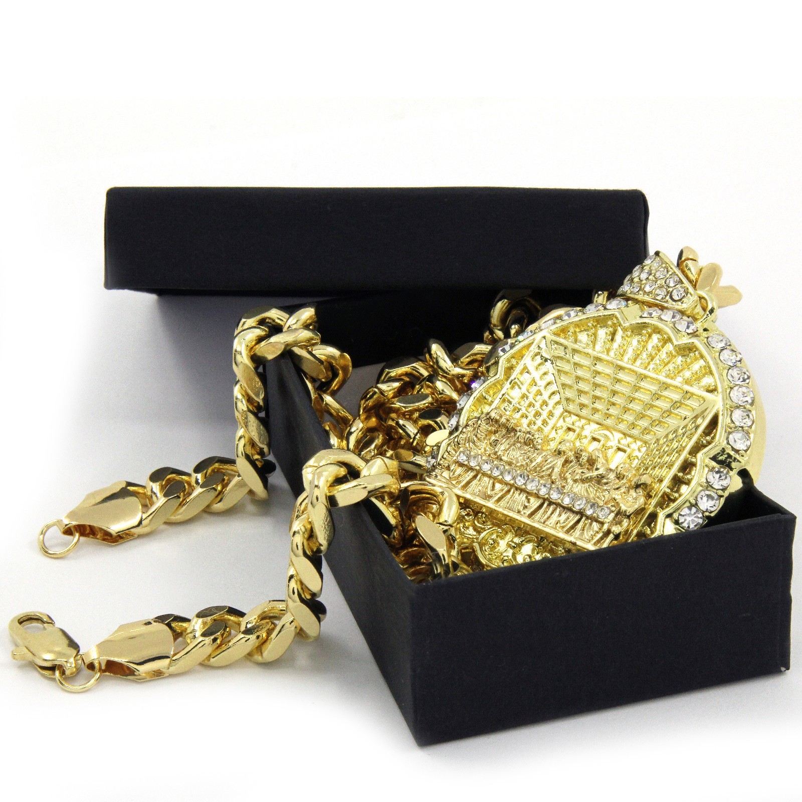 Hip Hop 14k Gold Plated Last Supper Pendant Cubic Zirconia 24″ Cuban Link Chain