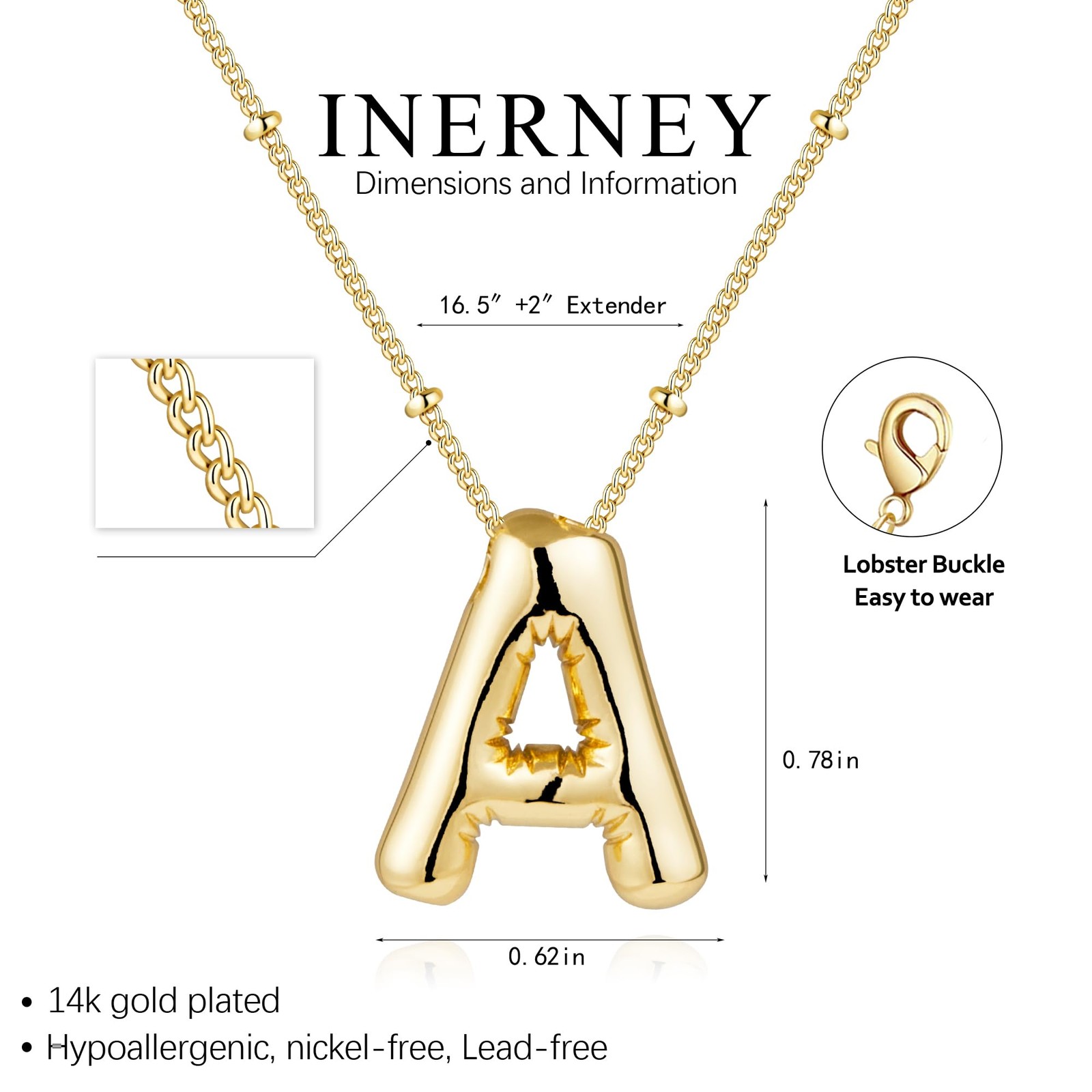 Inerney Gold Bubble Letter A Initial Necklace for Women, Balloon adult,