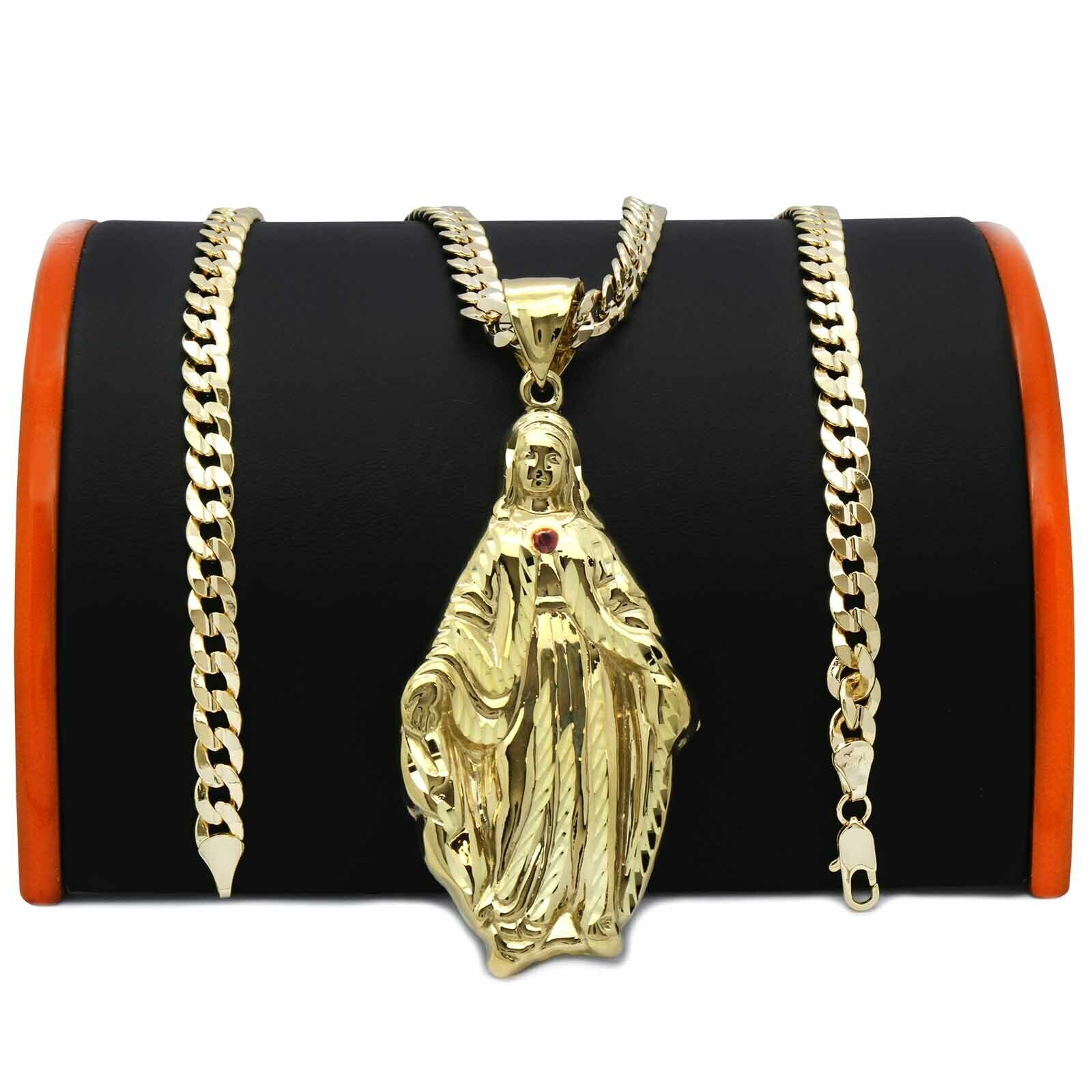 Brass Virgin Mary Gold Plated Pendant & 24″ 14K Stamped Cuban Chain Necklace