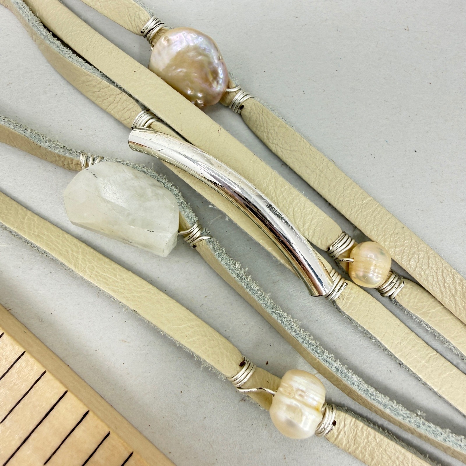 J. Jill Leather Choker Necklace Pearl Stone Silver Tone Cream NEW