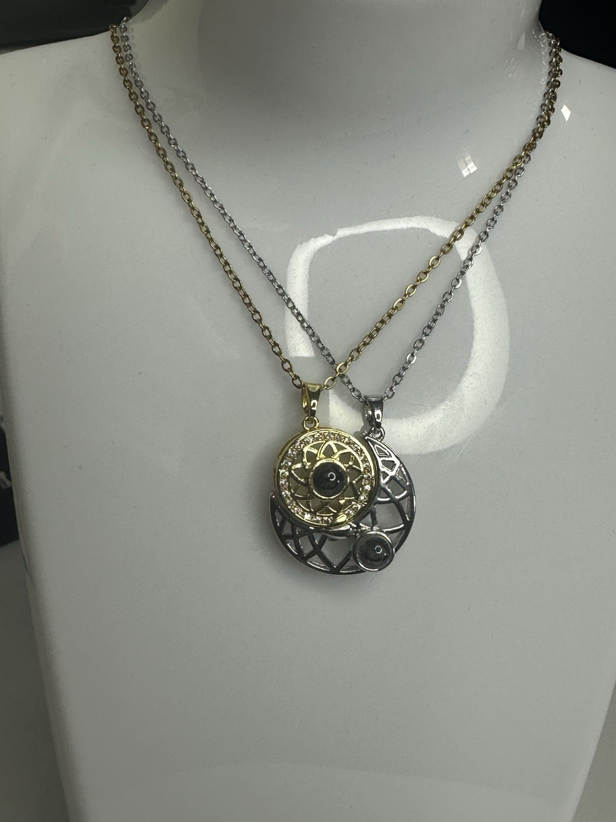 Geometric Round Pendant Layered Necklace Simulated Black Crystal, Gold/Silver