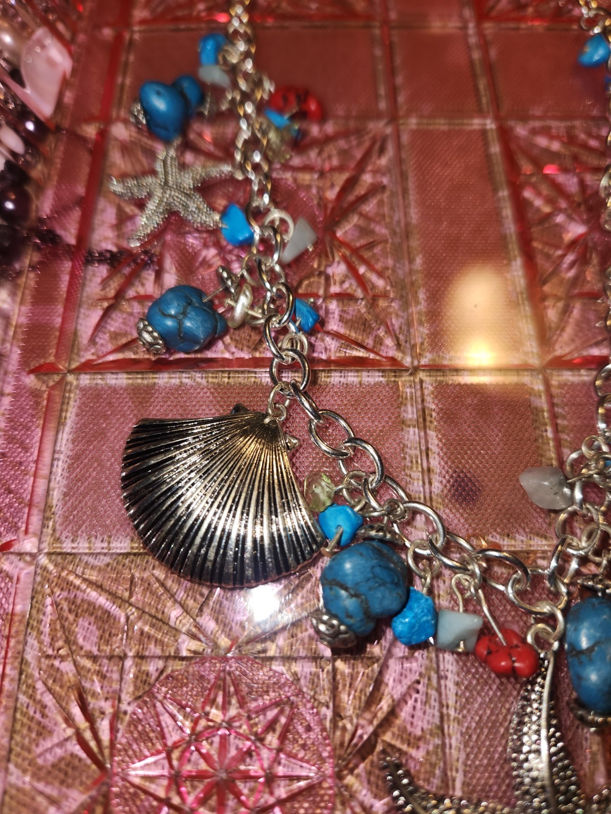 Silver Starfish Seashell Charm Necklace Turquoise Stone Coral Beads