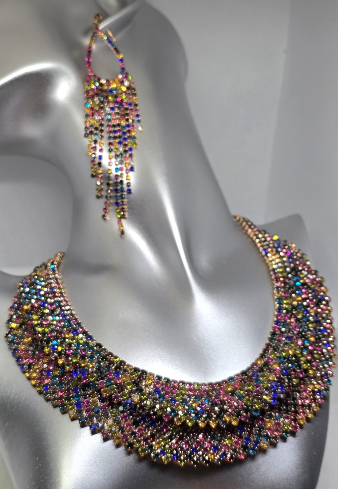 NATASHA Designer Necklace Earring Set Bib Stagewear AB Multicolor Rhinestones