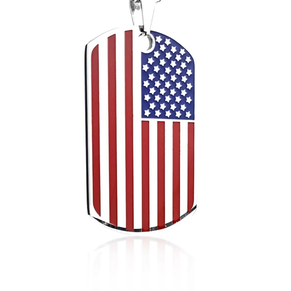 American Flag Dog Tag Necklace – Stainless Steel – USA Veteran, Gift