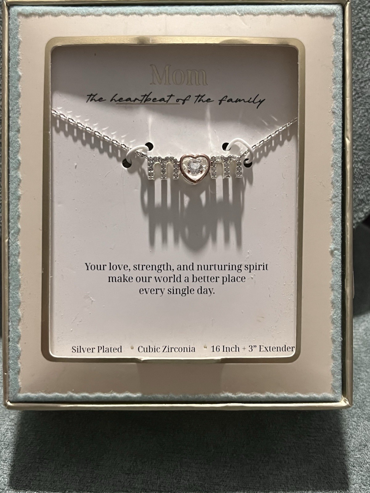 Mom Heartbeat of the Family Silver Plated CZ Heart Pendant Necklace 16+3in Adj