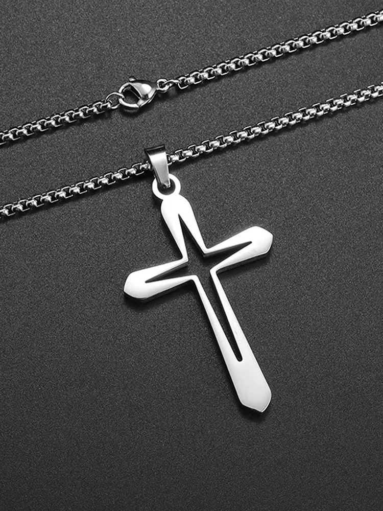 Cross inside a cross pendant necklace 925 silver plated over stainless steel