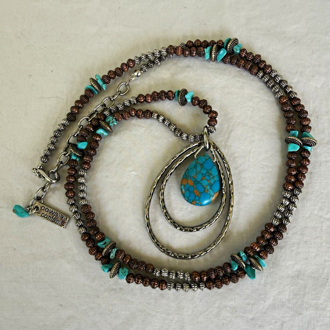 Cowgirl Confetti Turquoise Teardrop Pendant Beaded Necklace Adj 32-34”