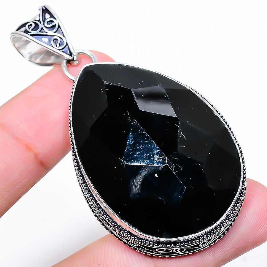 Black Spinel Gemstone 925 Silver Handmade Jewelry Pendant 2.44″