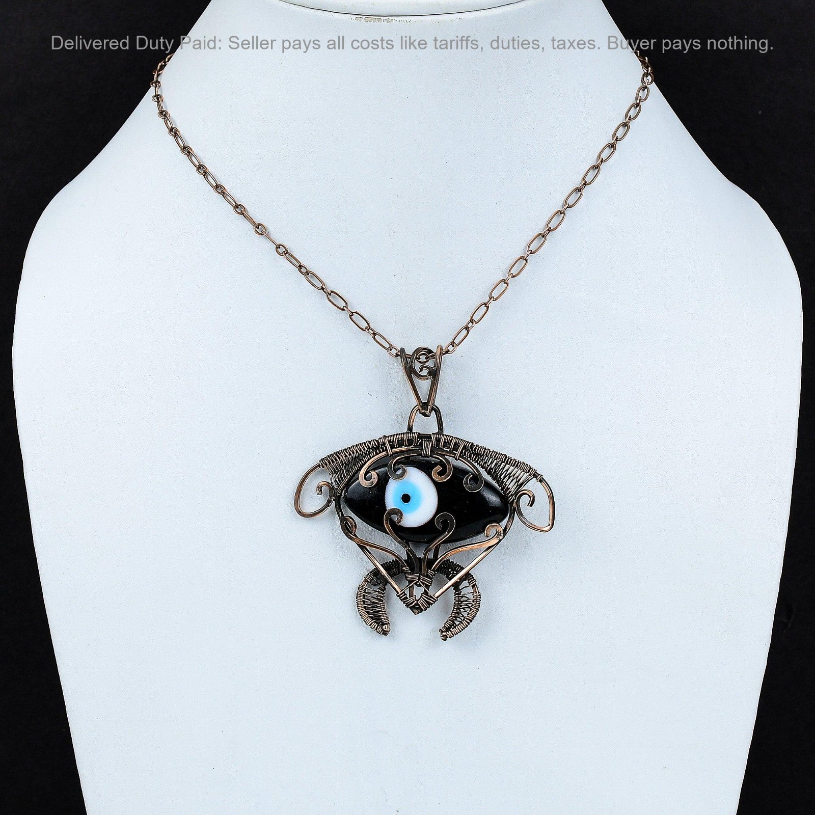 Black Color Evil Eye Stone Copper Wedding Wire Wrapped Tortoise Daughter Pendant