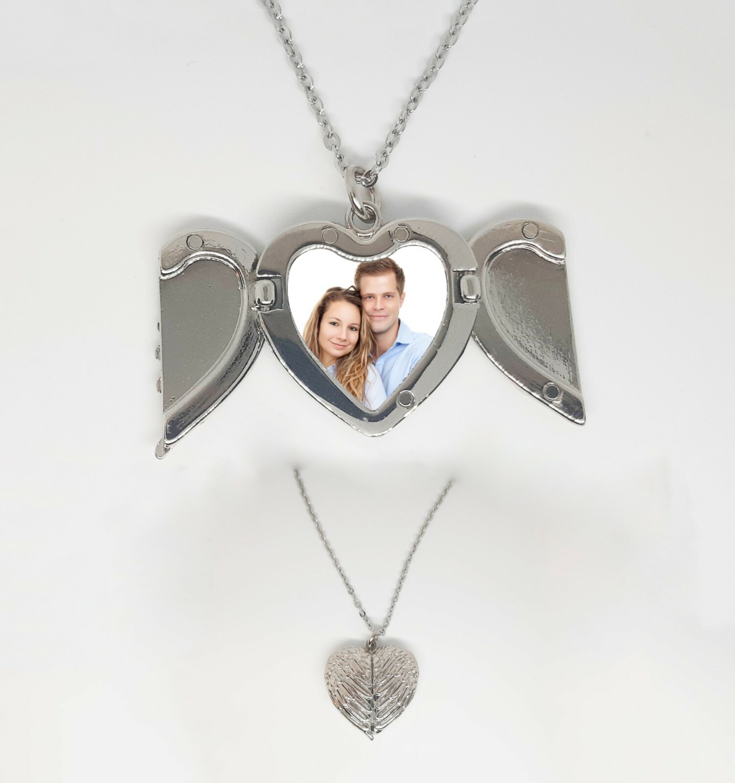 PERSONALISED engraved photo Necklace Heart Angel Wings Locket Gift with picture