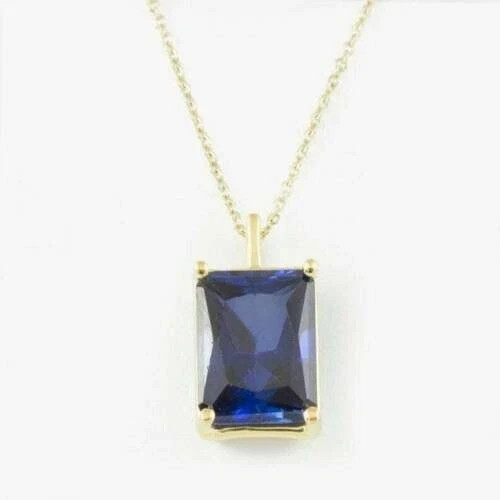 2Ct Emerald Simulated Sapphire Solitaire Pendant 18″Chain 14K Yellow Gold Plated