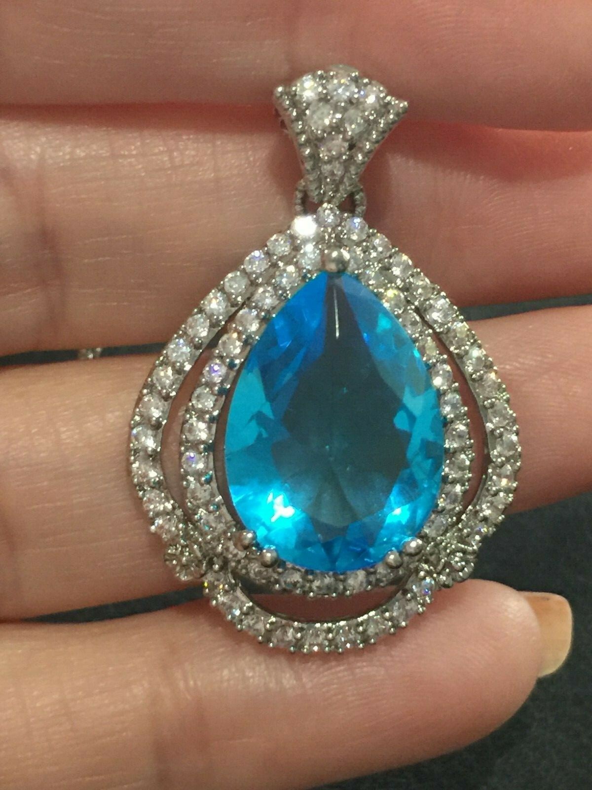 Stunning Blue Crystal & Clear CZ Statement Pendant Silvertone Brass 18 + 2 Inch