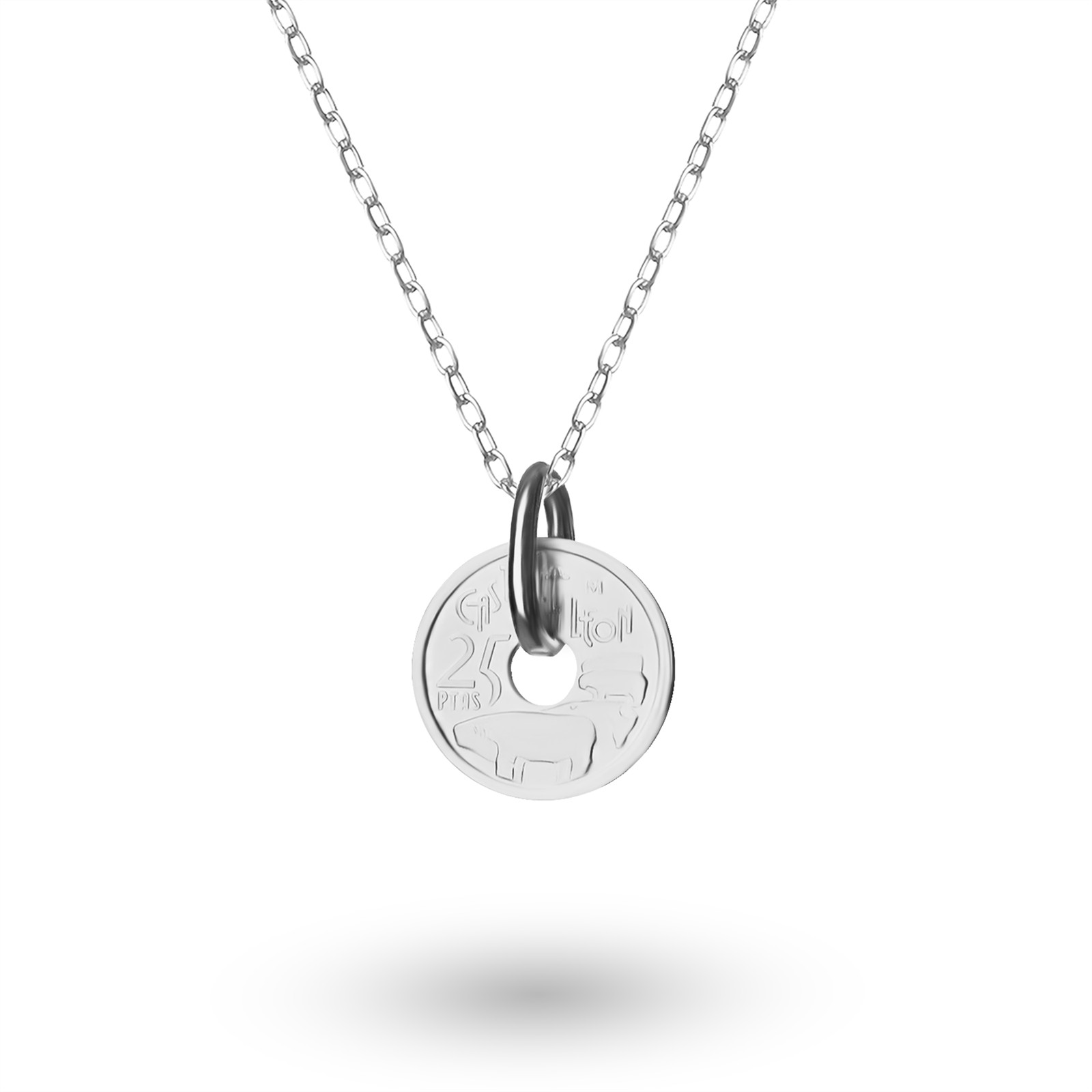 Rhodium Plated Spanish 5 Pesetas Coin Necklace | Castile and Leon | 1995