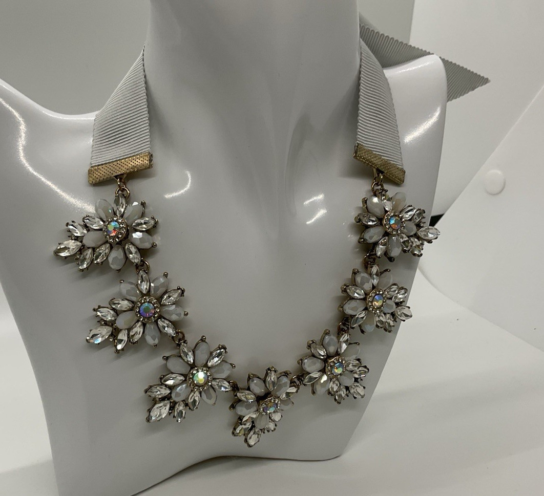 Macy’s Silver-Tone Floral Crystal Choker Necklace w/ Ribbon Tie Adjustable