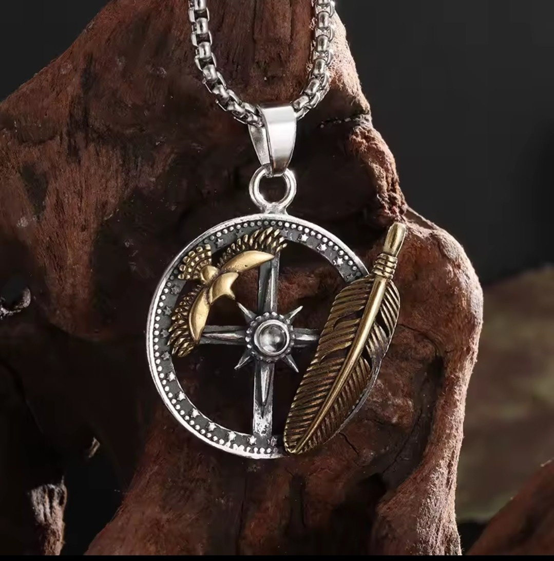 Men’s Fashion Feather Eagle Compass Pendant and 22″ Necklace 5-2B