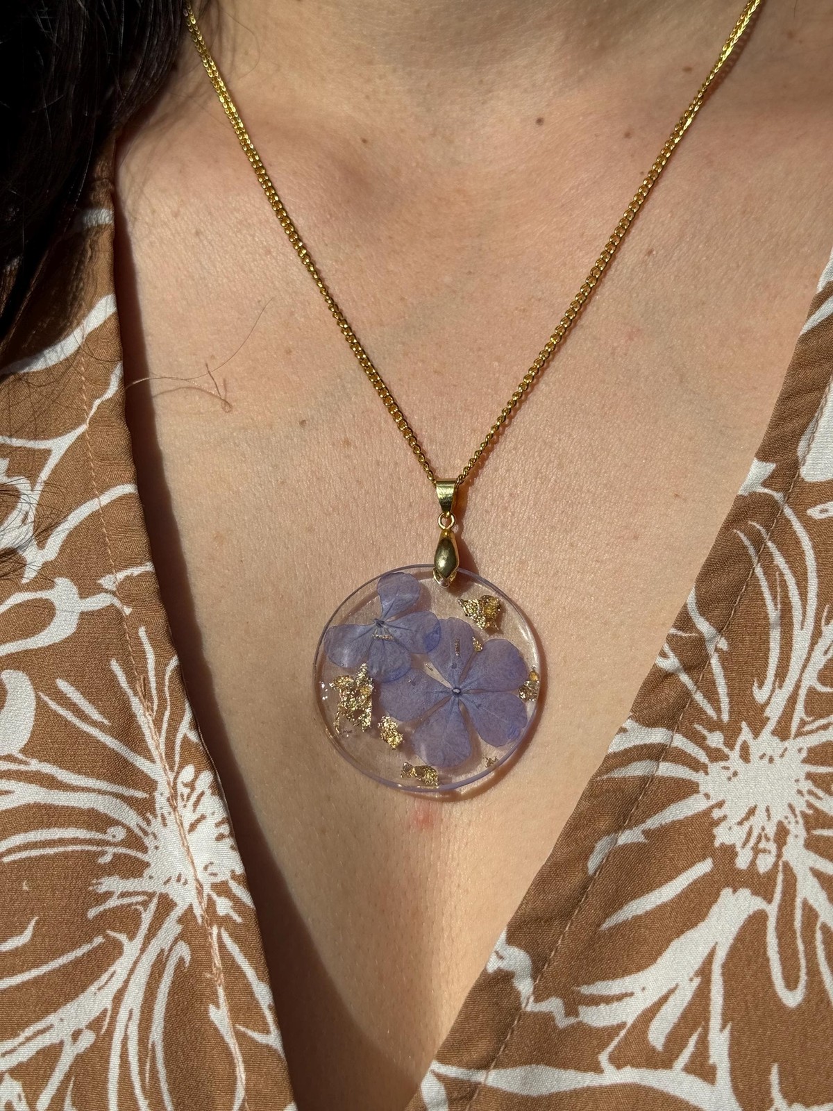 Real Purple Flower Resin Necklace | Gold Flake Design | Stainless Steel Chain