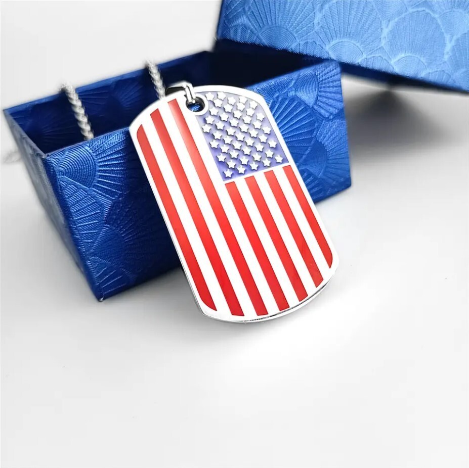 American Flag Dog Tag Necklace – Stainless Steel – USA Veteran, Gift