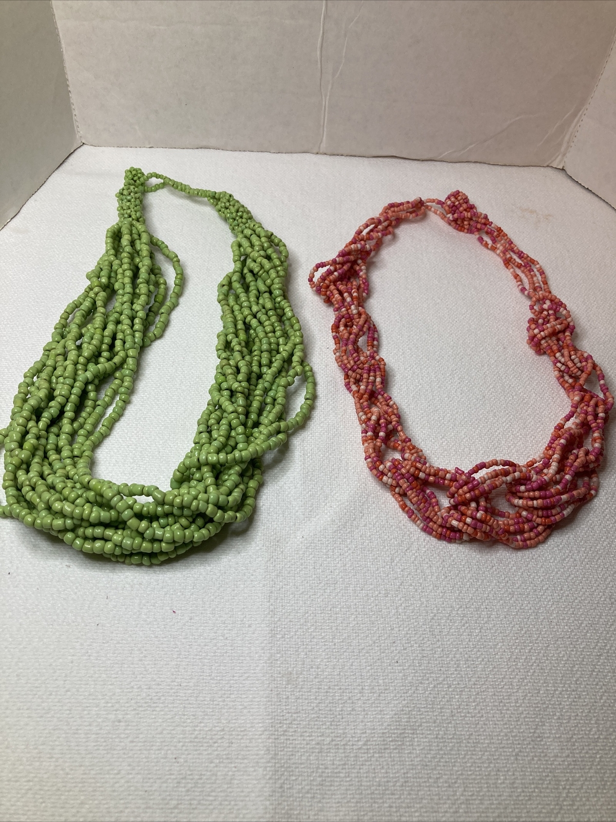 Lot of 2 Colorful Green Pink Small Seed Bead Multistrand Costume Necklaces