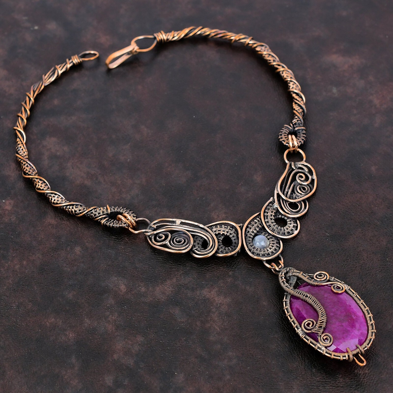 Wire Wrapped Necklace Designer Gemstone Jewelry Handcrafted Copper Holiday 18.0″