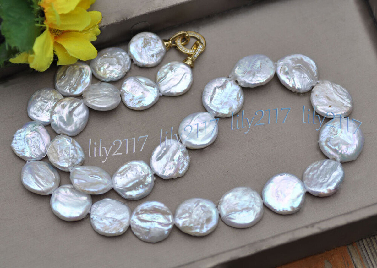 20-22mm Natural White Freshwater Baroque Pearl Flat Coin Beads Necklace 14-36”