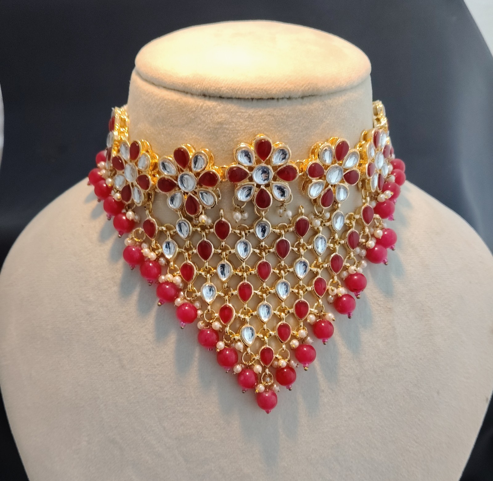 Aiza Red Kundan Floral Bridal Choker Set with Pink Bead Drops Roz Jewellers.