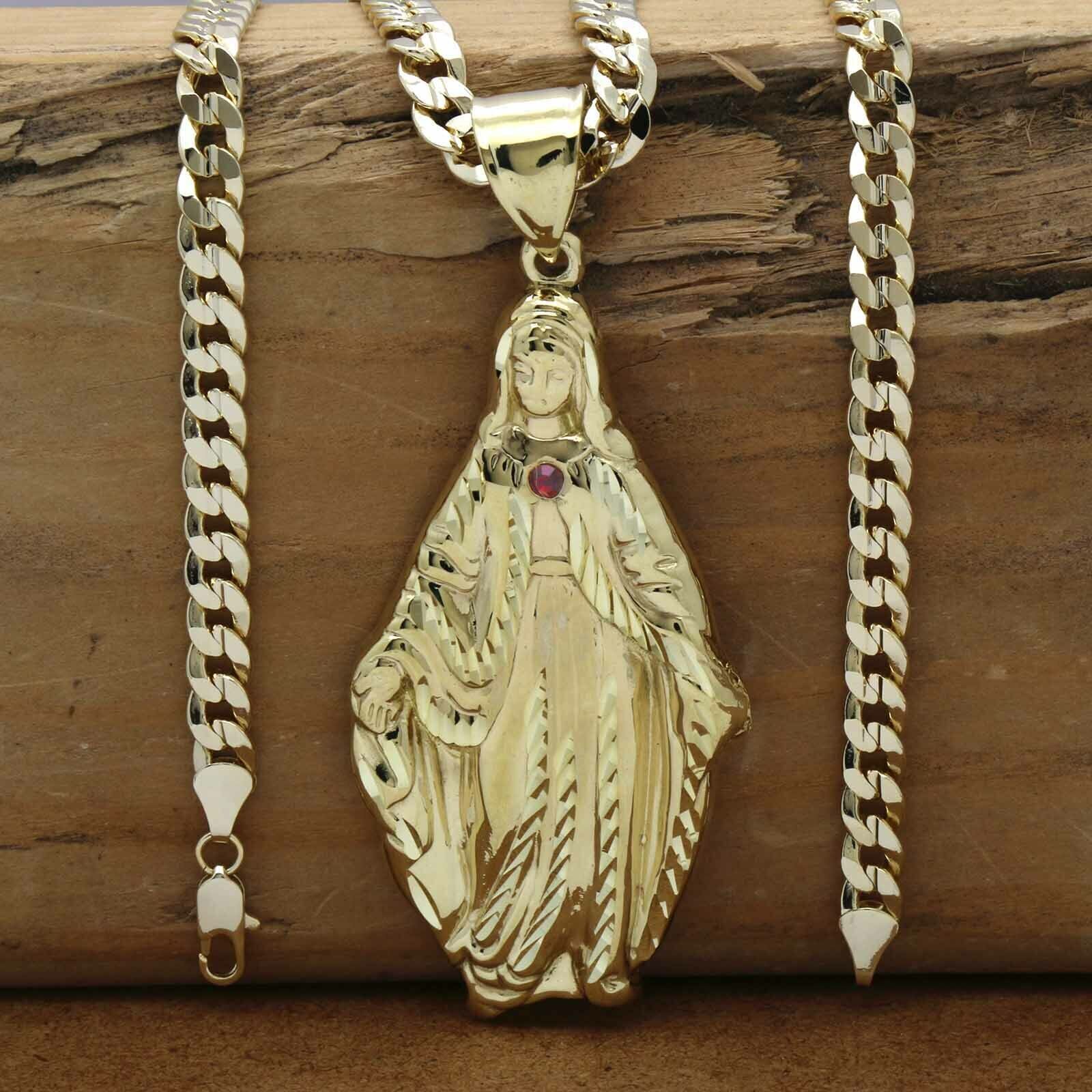 Brass Virgin Mary Gold Plated Pendant & 24″ 14K Stamped Cuban Chain Necklace
