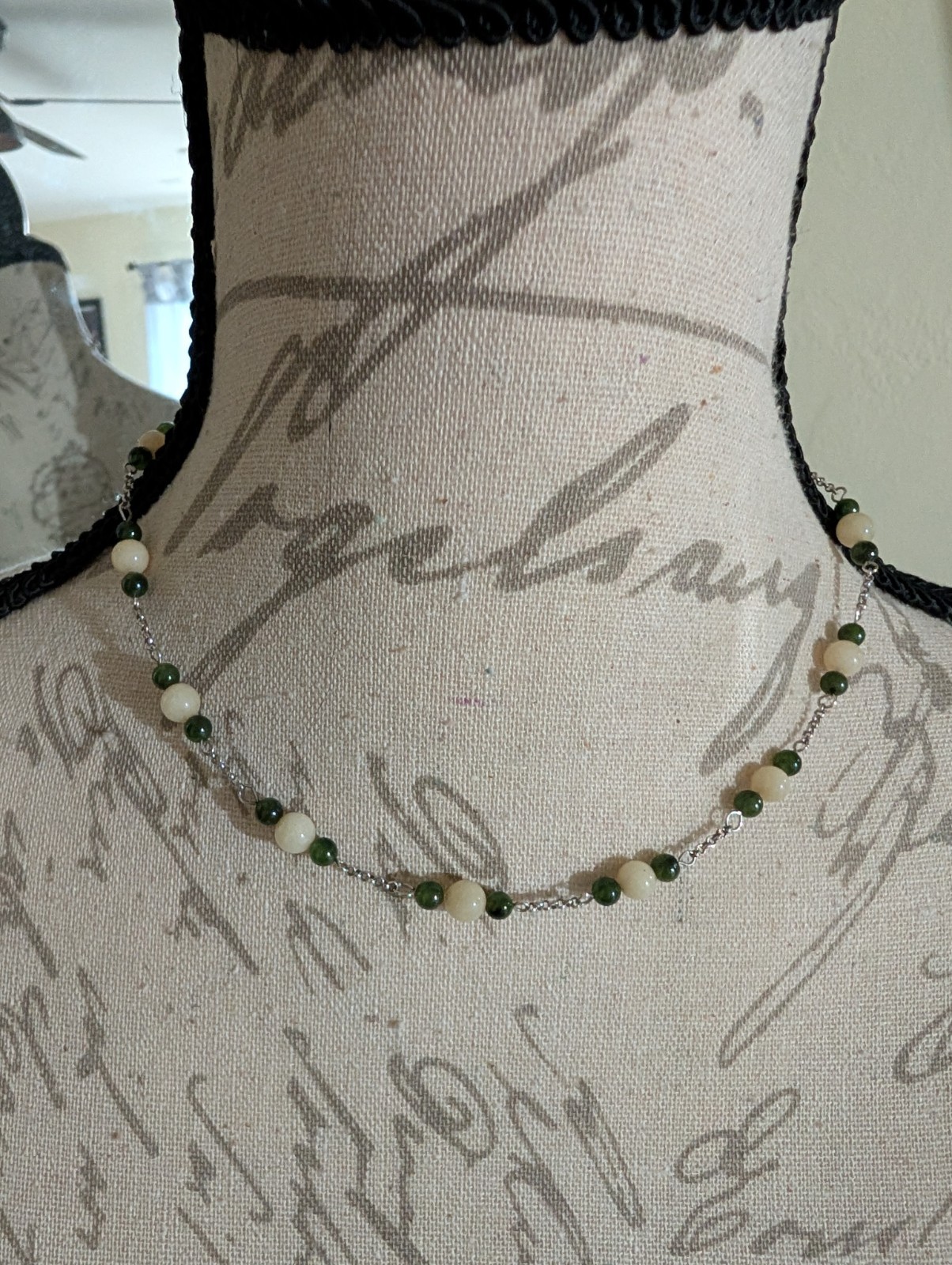 Dark/Light Green Jade Beads Sterling Silver Link Chain Necklace 16in