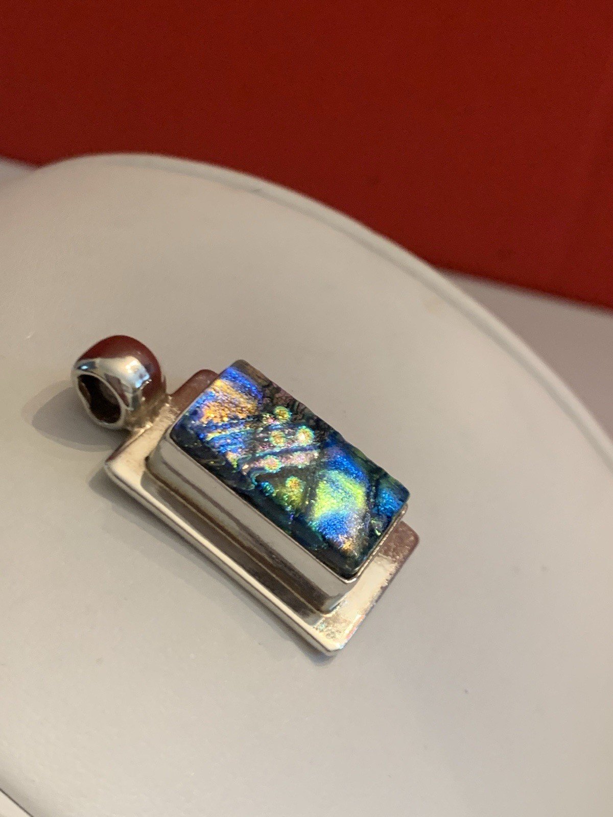 Vtg. Multi Color Dichroic Glass .925 Sterling Silver Pendant Rectangle- BinM