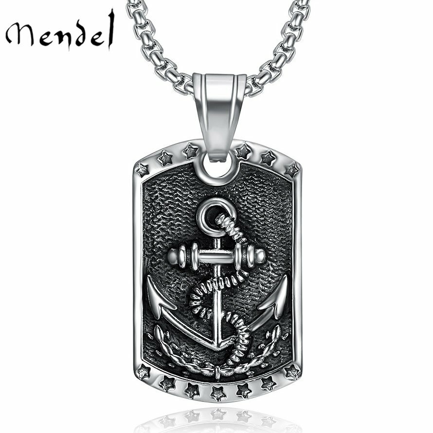 MENDEL Dog Tag Nautical Mens Stainless Steel Marine Navy Anchor Pendant Necklace