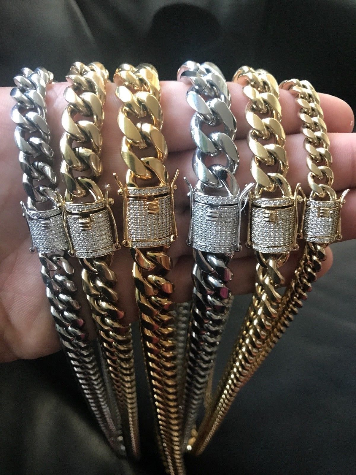 Miami Cuban Link Chain Necklace Rhinestone Clasp 18K Gold Plated Stainless Steel