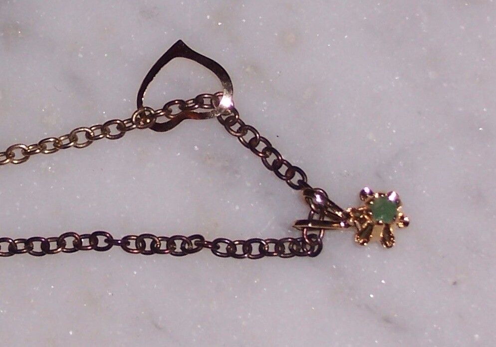 2 Pendants on gold tone chain – No Mark – Heart & Green Prong Set Stone #N378