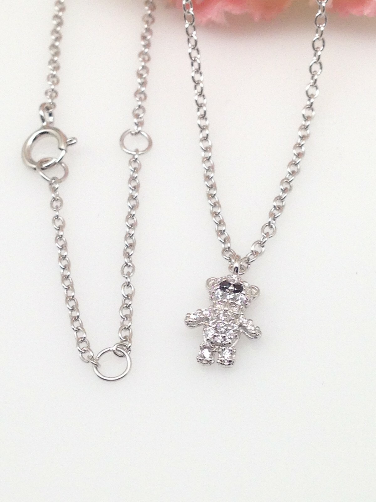925 Sterling Silver CZ Teddy Bear Pendant Necklace Women Girls 7.5mm 18″ Dainty