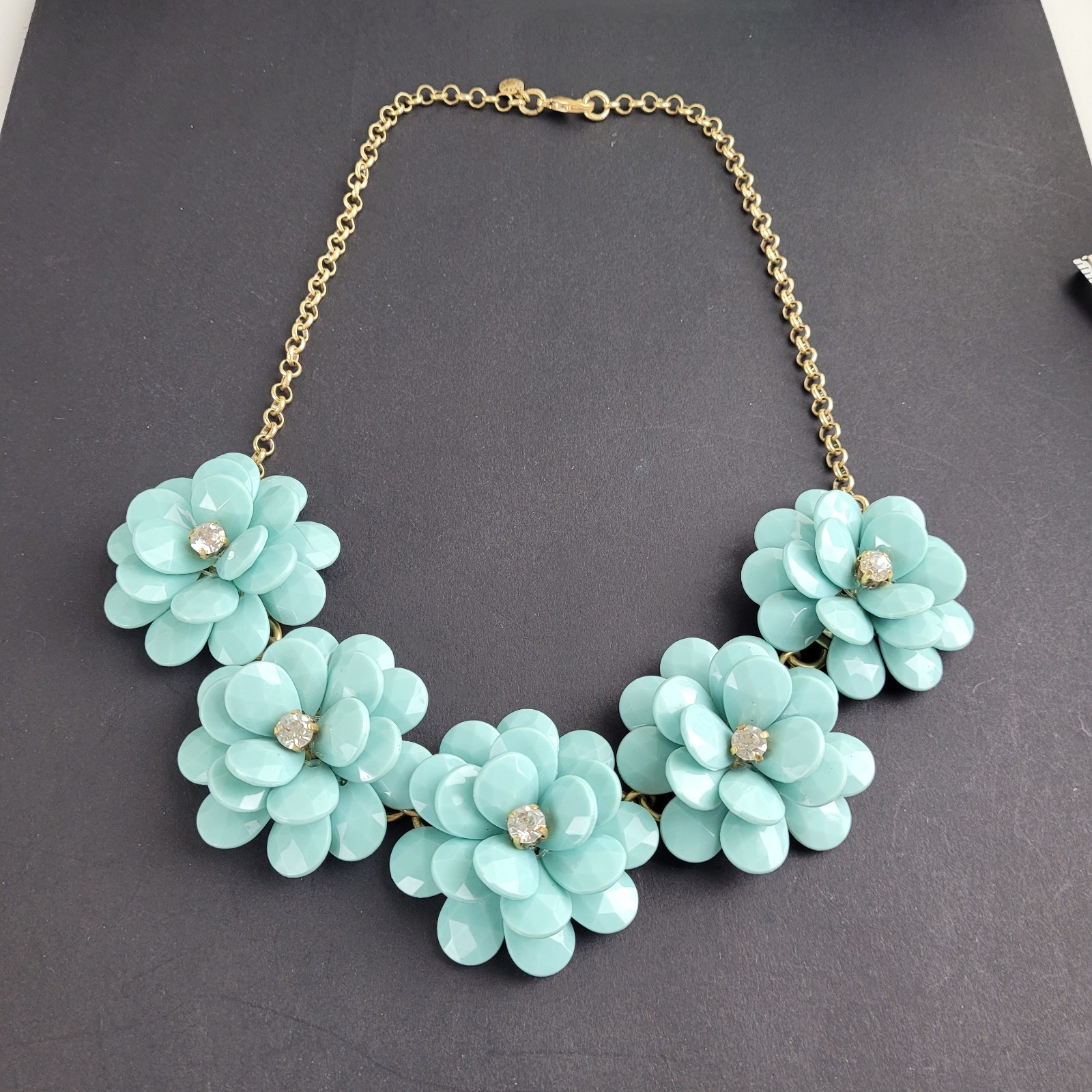 J Crew Robins Egg Blue Flower Necklace With Clear Rhinestones 20″