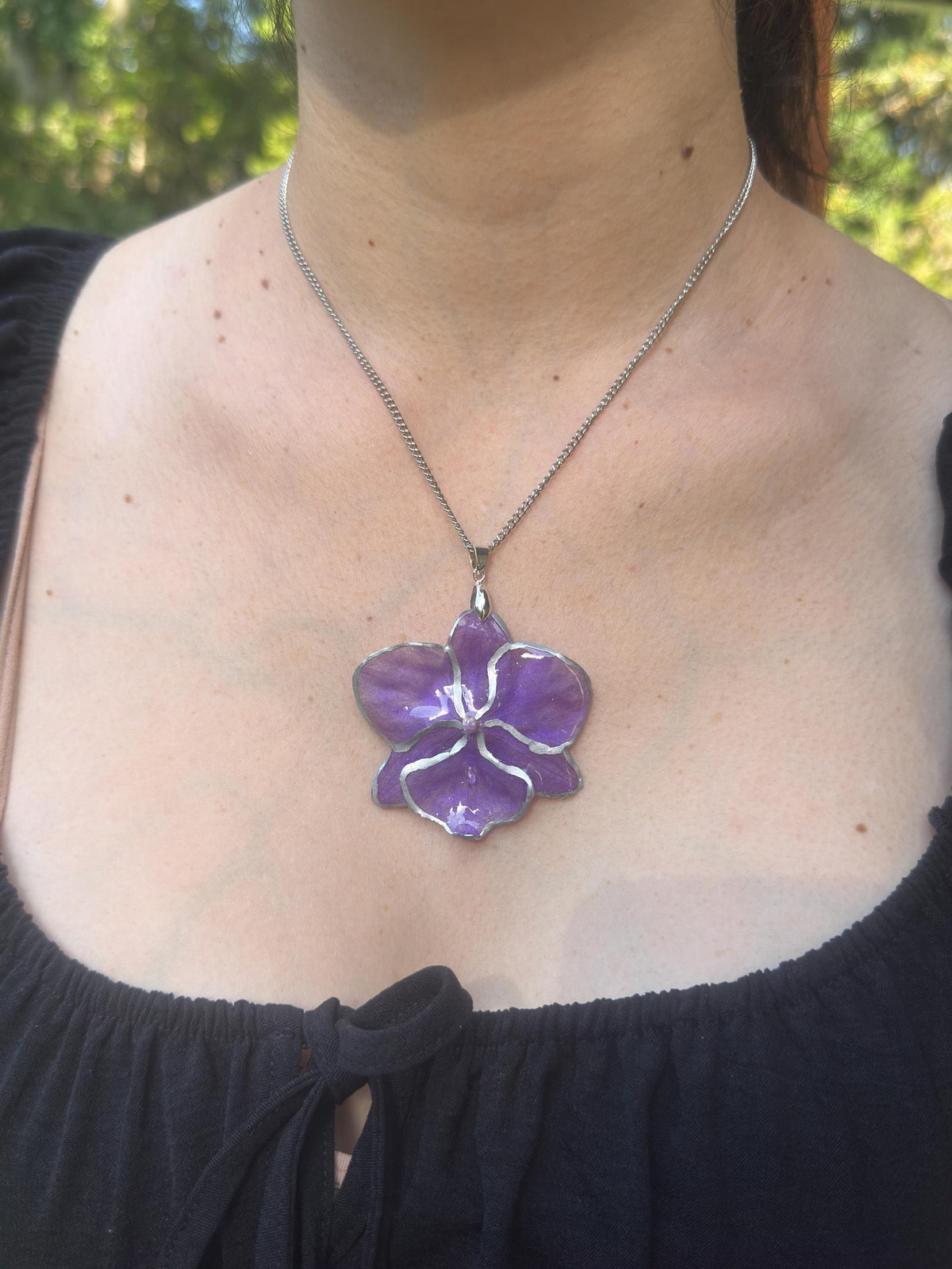 Real Violet Orchid Resin Necklace | Preserved Pendant | Silver Steel Chain