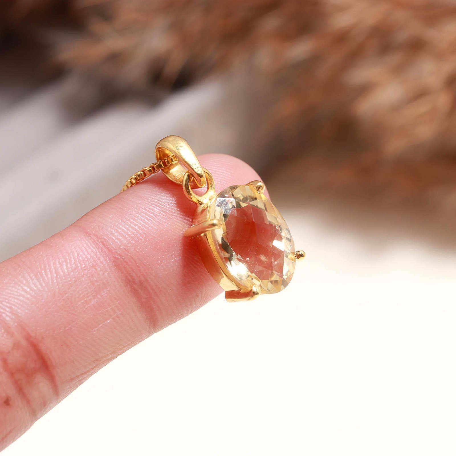 Natural Citrine Quartz Oval Chain Pendant Gold Plated925 Sterling Silver Jewelry