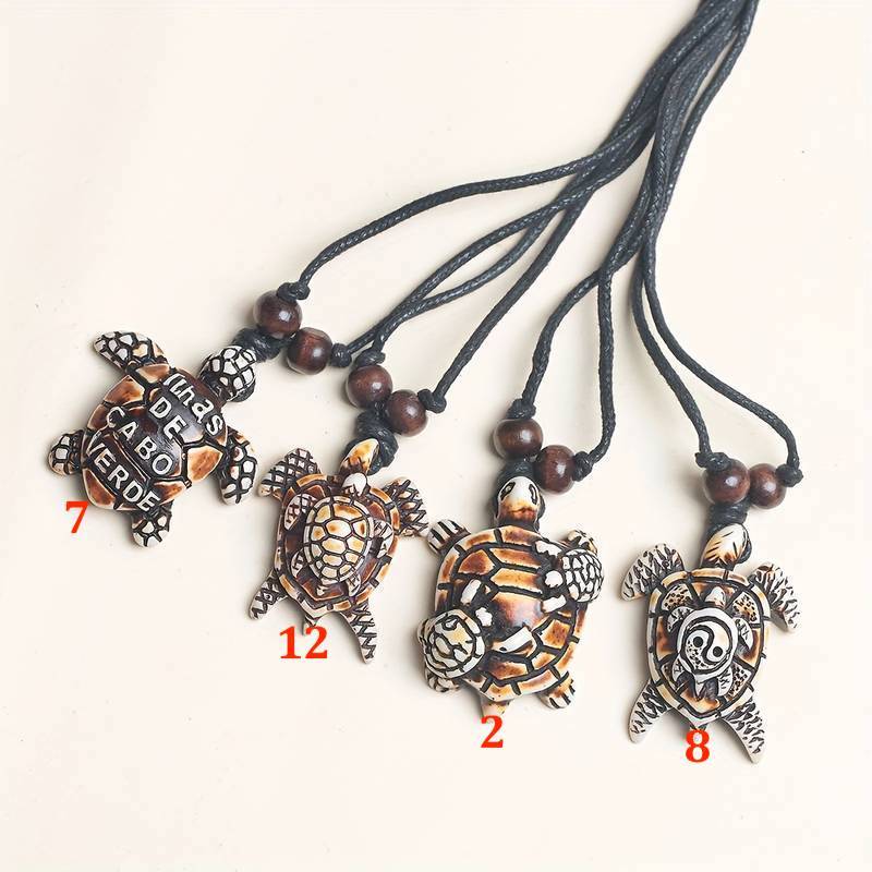 Brown Resin Wood Pendant Necklace Carved Lucky Wise Sea Turtle Marine Art 🇺🇸