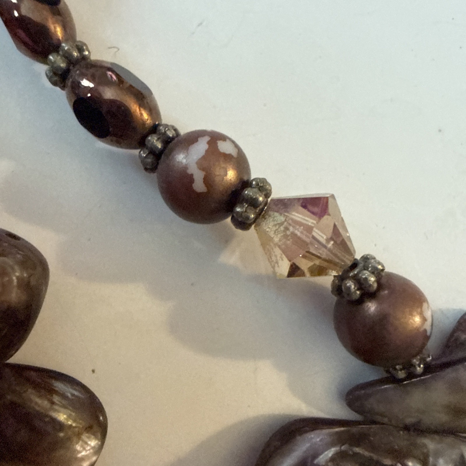 BROWN BRONZED ABALONE SHELL Necklace Beaded Silver Tone Spacers Toggle Clasp