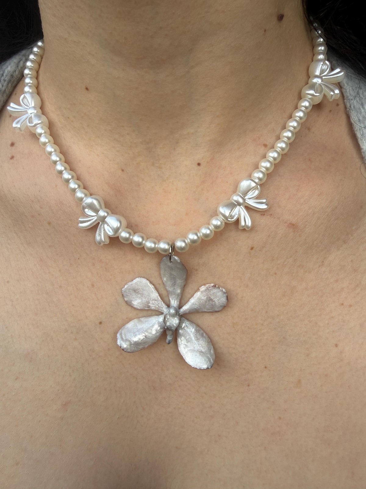 Silver Gray Orchid Pearl Necklace | Real Resin Flower Pendant | Coquette Bow