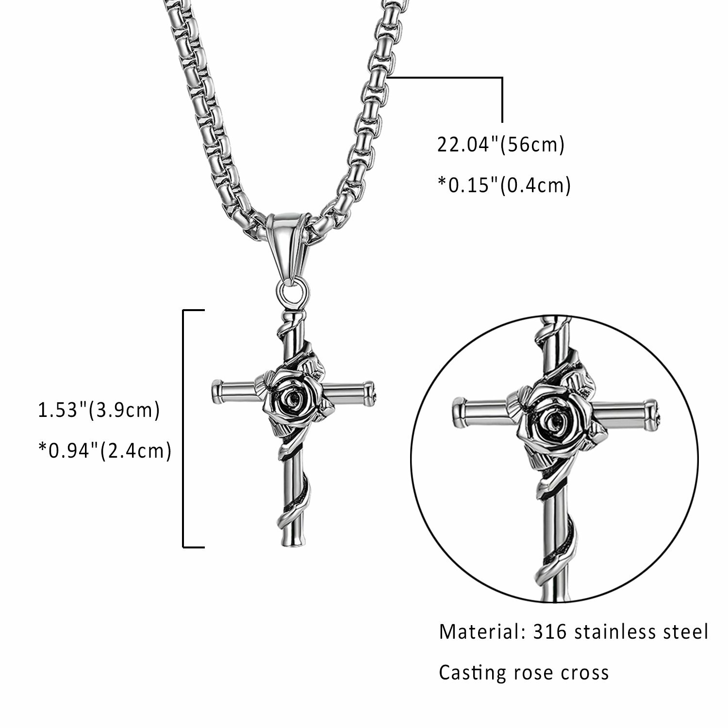 Mens Womens Retro Cast Rose Cross Stainless Steel Pendant Necklace Chain Jewelry