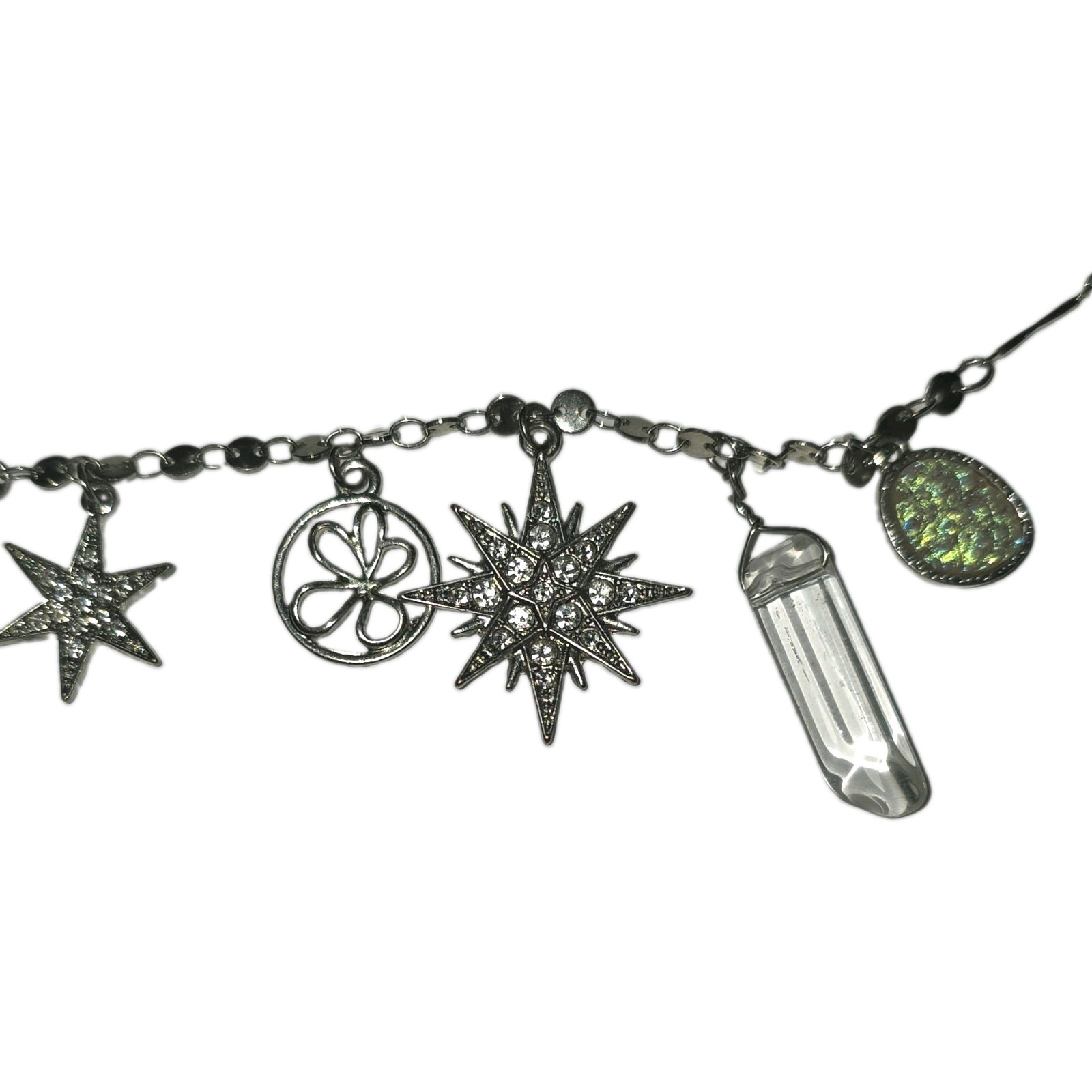 Silver Tone Celestial Star Charm Necklace Clear Crystal Hexagon Pendant Toggle