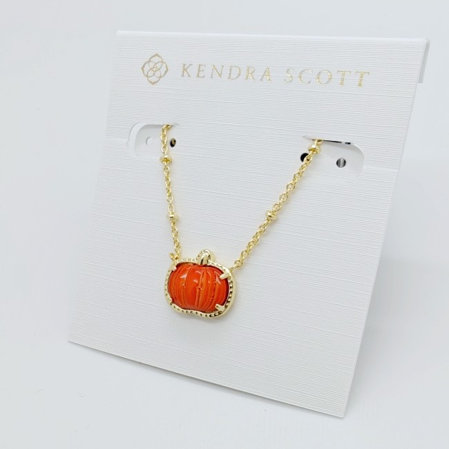 New Kendra Scott Pumpkin Gold Short Pendant Necklace In Orange Shell