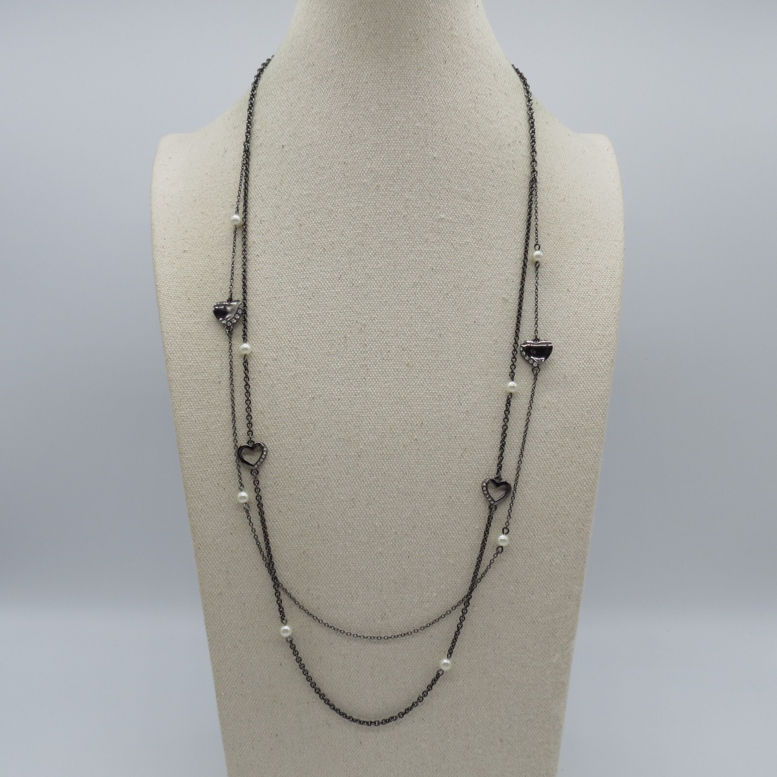Black Heart Chain Necklace Rhinestone Faux Pearl Everyday Wear 28″
