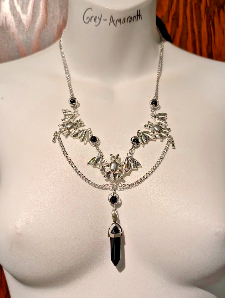 SILVERTONE VAMPIRE BAT BIB NECKLACE black beads chain choker gothic halloween R2