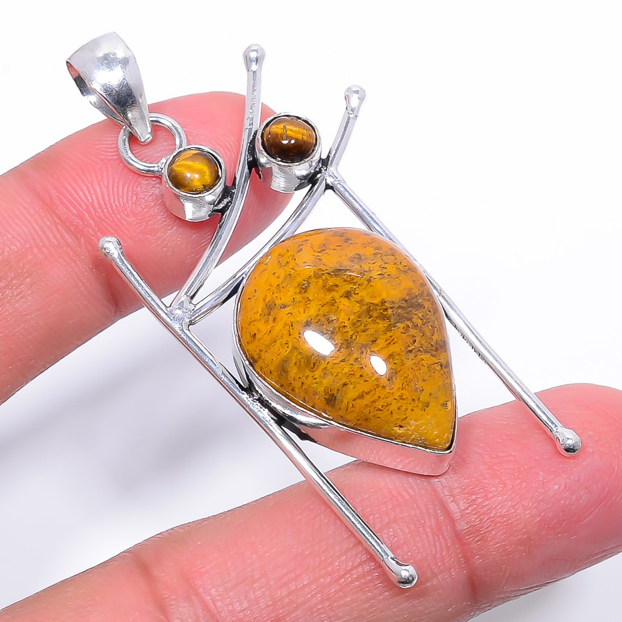 Natural Picture Jasper & Yellow Tiger Eye 925 Silver Plated Pendant 2.34″ S197